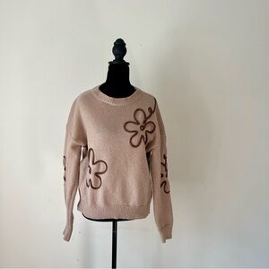 Dusky Pink Knit Pullover Crewneck Sweater with Retro Flower Raised Design Medium